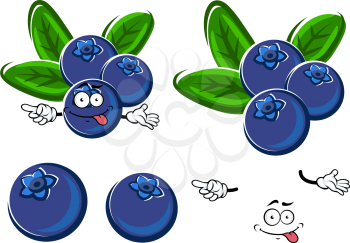 Juicy blueberry fruits cartoon character with fresh green leaves and teasing smile, for healthy organic food or agriculture themes design