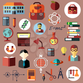 Education and science flat icons of school and books, teacher and pupils, bags and notebook, calculator and stationery, physics, chemistry, globe, laboratory glasses, dna and atom, formulas and lamp