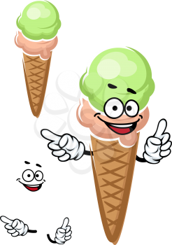 Joyful ice cream cone cartoon character with strawberry and pistachio scoops, for dessert design