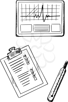 Heart cardiogram graph, clipboard with medical history form and glass thermometer isolated on white background, sketch style 