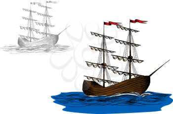 Vintage wooden two-masted sailing ship with furled sails on a blue sea, sketch style