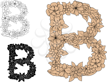 Uppercase letter B in an intricate floral design for a decorative typographical design element in three different color variations, isolated on white