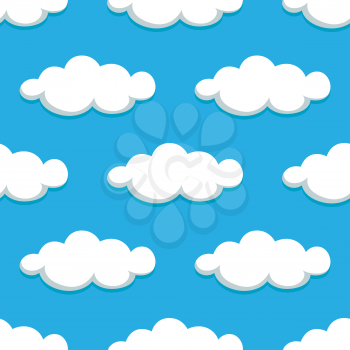 Seamless pattern of cartoon white clouds on summer blue sky background, for nature or weather themes