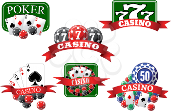 Casino, jackpot and poker game icons with cards, gambling chips, roulette wheel and lucky triple seven symbols, supplemented by red ribbon banners