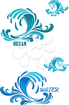 Blue wave icons with water curls and swirly drops, for nature or ecology design 