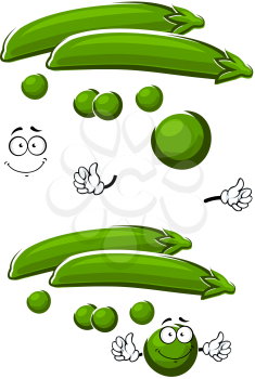Smiling sweet green pea vegetable character with fresh sappy pods, for agriculture and harvest design