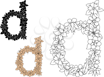 Decorative floral lowercase letter D with dainty flowers and carved leaves, isolated on white