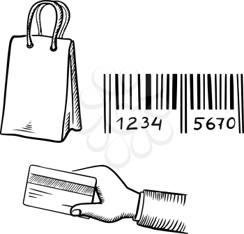 Paper shopping bag, bank credit card in hand and barcode sketch icons for shopping or electronic payment concept design