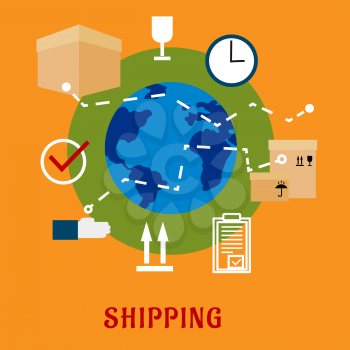 International shipping service flat icons with cardboard boxes with packaging symbols, order list and clock with globe on the background and caption Shipping below