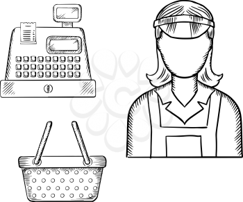 Female store seller in uniform with cash register and shopping cart. Sketch icons for retail or profession theme design