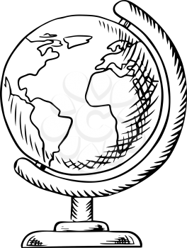 Modern globe with continents, oceans and seas on desktop stand, sketch icon for education or school themes design