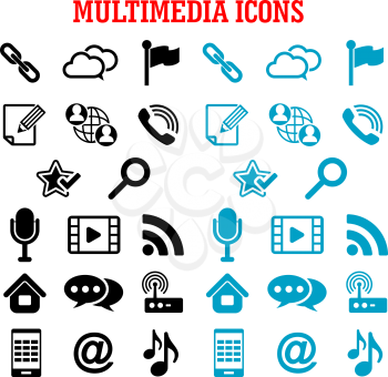 Multimedia and communication flat icons with smartphone, microphone, music, video player, email, link, search, chat, call, cloud storage, favorite star, flag pin, home, notebook, rss feed, wi-fi route