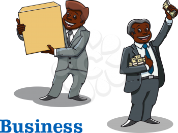 Joyful cartoon african american businessmen in elegant gray suits with dollar packs and cardboard box in hands, for financial success and delivery service design