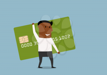 Smiling african american businessman going for shopping with large credit card in hands. Cartoon flat style