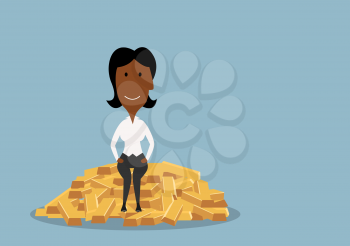 Cartoon african american businesswoman  with joyful smile sitting on heap of gold bars, for wealth and success theme design. Flat style