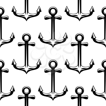 Black vintage ship anchors seamless pattern with barbed flukes on white background, for nautical or travel themes design