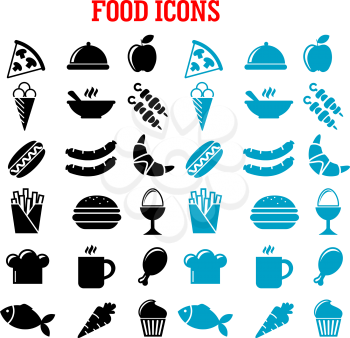 Restaurant and fast food flat icons with pizza, sausages, burger, coffee cup, cake, chicken, egg, ice cream, hot dog, french fries, apple, fish, carrot, croissant, barbecue, soup, chef hat and tray 