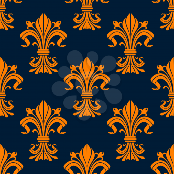 Vintage orange fleur-de-lis seamless floral pattern with stylized compositions of lily flowers and curly leaves on blue background. For interior or textile design