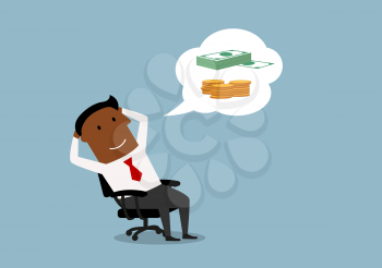 Relaxing african american businessman dreaming about money and wealth in office. Cartoon style