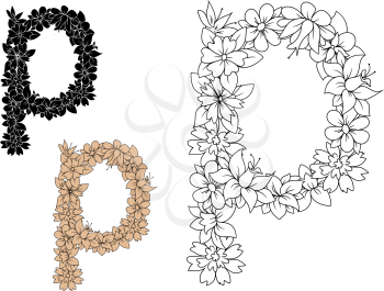 Retro floral small letter p decorated by flowers, buds and sappy foliage in outline colorless, black and brown variations