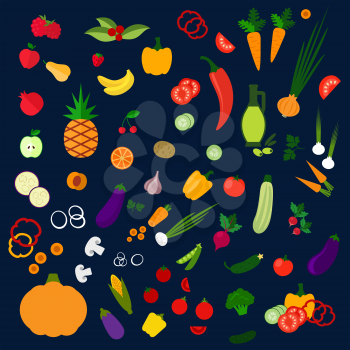 Fresh flat fruits and vegetables with icons of tomatoes, corn, carrots, bananas, apples, orange, pumpkin, pineapple, peppers, strawberry, cucumber, olive oil, cherry, onion, mushrooms, potato etc