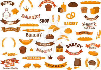 Bakery and pastry design elements for emblems templates with loaves of rye and wheat bread, cupcakes, buns, croissants, pretzel, baguettes, baker hats, flour, rolling pins, ears and ribbon banners