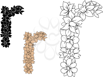 Floral small lowercase letter r with blooming wildflowers and buds in outline, brown and black color variations. For vintage font design