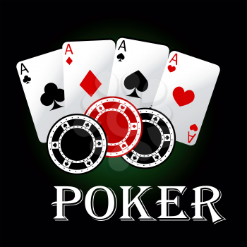 Poker game symbol with four aces of playing cards and gambling chips. Casino and gambling themes