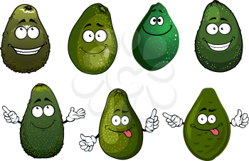 Cartoon healthy organic dark green avocado fruits characters with funny faces, isolated on white. For vegetarian food or agriculture harvest design