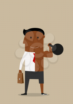 Healthy cartoon african american businessman successfully combined sports and business. Healthy lifestyle and work balance