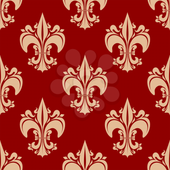 Beige victorian fleur-de-lis floral seamless pattern with decorative pointed leaves, flourishes on red background, for vintage textile or wallpaper design