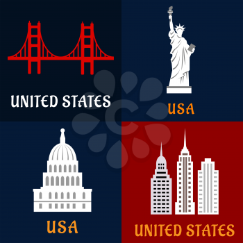 Landmarks of USA flat icons with statue of Liberty, Golden Gate bridge, skyscrapers and Capitol building of government. For travel design