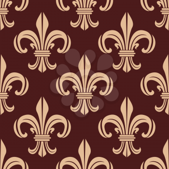 Floral royal lilies seamless pattern with classic ornament of heraldic fleur-de-lis on dark brown background. Wallpaper or textile accessories design usage 