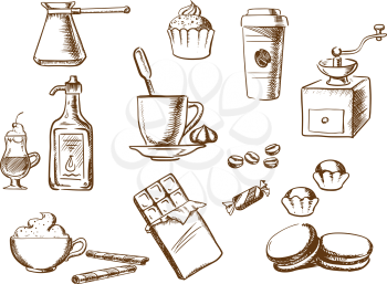 Coffee sketched icons with cup of coffee on saucer with coffee beans and candies with ice cream, cakes, cappuccino, liquor, takeaway cup, chocolate, vintage coffee grinder and copper pot. Sketch style