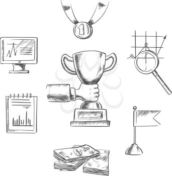 Business, achievement, management, creative and success sketch icons with human hand, trophy cup, flag, money, chart, notebook, monitor, medal and magnifying glass symbols