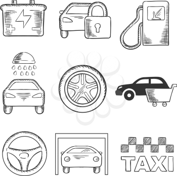 Sketched car service icons of a fuel pump, security, battery, car wash, tyre, purchase, steering wheel, garage and taxi. Transportation industry design usage, sketch style