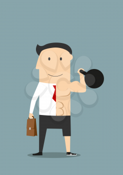 Balance of healthy lifestyle and business concept. Successful businessman with briefcase on the one side and healthy athlete with kettlebell on another side