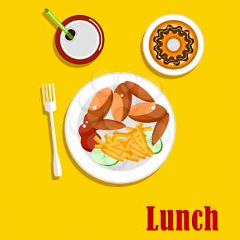 American fast food lunch menu elements with chicken wings, french fries, served on a plate with ketchup and sliced fresh cucumber vegetable, chocolate frosted doughnut and sweet soda with drinking str