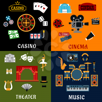 Entertainment industry flat icons. Casino with roulette, slot machine, cards and dice. Music with string, percussion and wind musical instruments. Cinema with movie camera, tickets and film reel. Thea