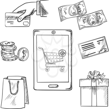 E-commerce vector sketch concept of various payment options with a central smartphone displaying a shopping cart surrounded by icons for a bag, bank check, credit card, banknotes, coins and gift