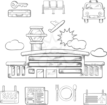Airport and flight service sketch design with airport, taxi, ticket, waiting, baggage, currency exchange and service icons. Sketched vector objects