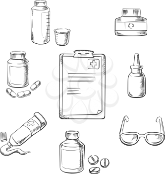 Prescription and medical sketch icons with clipboard, drugs and pills, ointment, dosage, liquid medication, dropper and glasses