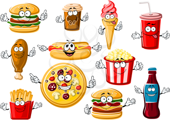 Happy cartoon fast food menu characters with pepperoni pizza, french fries, hamburger, cheeseburger, hot dog, fried chicken leg, popcorn, ice cream cone, paper cup of coffee and soda drink