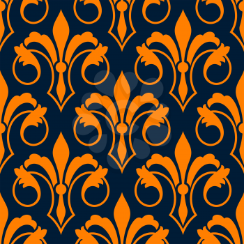 Orange fleur-de-lis seamless pattern of stylized victorian lily flowers with petals and swirling leaves over dark blue background. Royal heraldry backdrop, interior and textile design usage