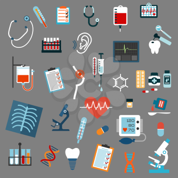 Medical diagnostics, testing, equipment and treatment flat icons with stethoscopes, microscopes, thermometers, medication pills, syringe, blood test tubes and bags, x-ray, ecg, blood pressure, hearing