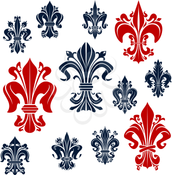 Gorgeous fleur-de-lis red and blue symbols of decorative french monarchy lily flowers, adorned by curly tendrils. Ornamental medieval royal symbols for heraldry, accessories and tattoo design