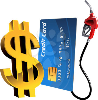 Blue credit card connected with gas pump nozzle with golden dollar currency sign. For gas and oil industry, financial and banking concept usage 