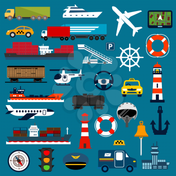 Transportation flat icons with taxi cars, trucks, cargo ships, yacht, airplanes, helicopter, freight and tank wagons, airport, navigator, compass, traffic light, helm, steering wheel, lifebuoys, light