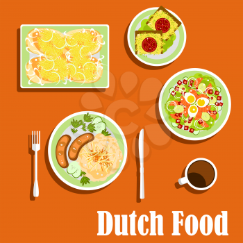 Dutch cuisine food flat icons with sauerkraut and potatoes with sausages, salad with salmon, eggs, cucumbers and lettuce, ginger bread with cheese and tomatoes, hot sandwiches with fried fish and chee