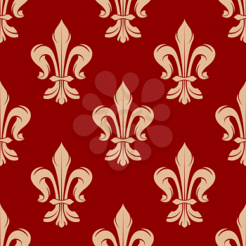 Red festive seamless fleur-de-lis pattern for heraldic design with beige floral ornament of royal victorian lilies  